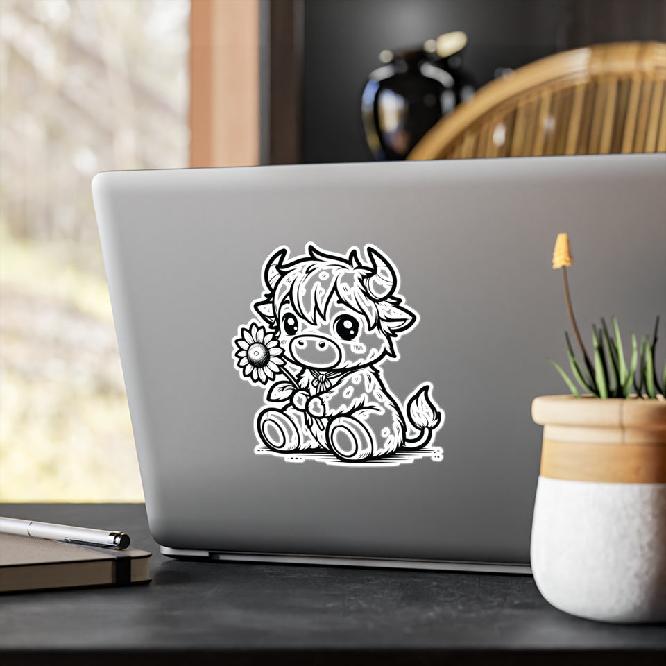 Cute Highland Cow With Flower Kiss-Cut Vinyl Decals