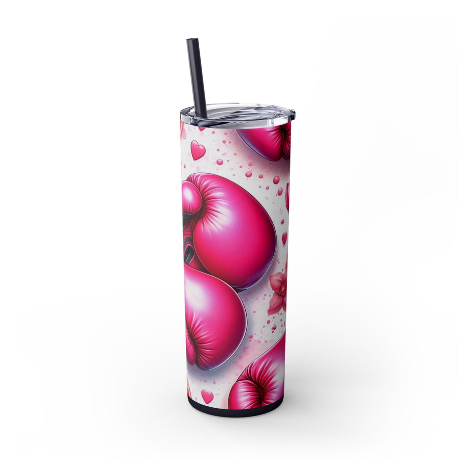 Motivational Pink Boxing Skinny Tumbler with Straw - 20oz, Breast Cancer Awareness