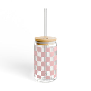 Pink Checkered Sipper Glass, 16oz