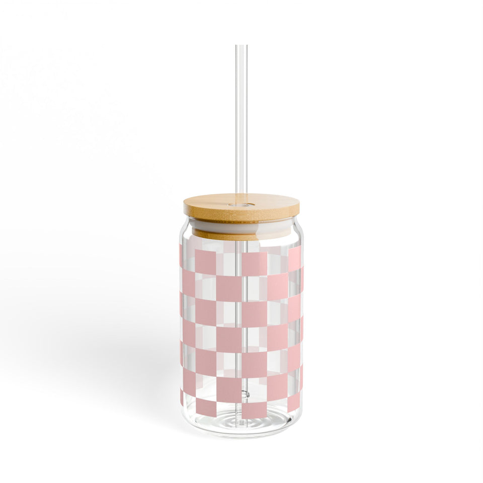 Pink Checkered Sipper Glass, 16oz