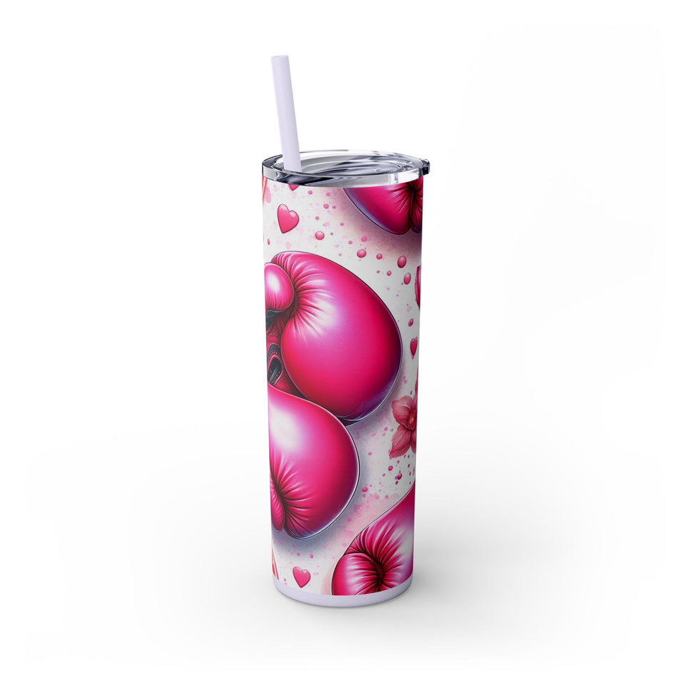 Motivational Pink Boxing Skinny Tumbler with Straw - 20oz, Breast Cancer Awareness