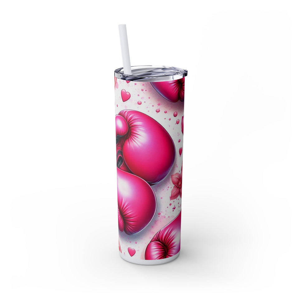 Motivational Pink Boxing Skinny Tumbler with Straw - 20oz, Breast Cancer Awareness