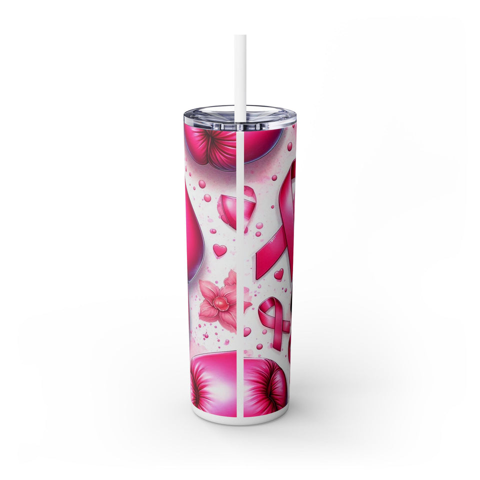 Motivational Pink Boxing Skinny Tumbler with Straw - 20oz, Breast Cancer Awareness