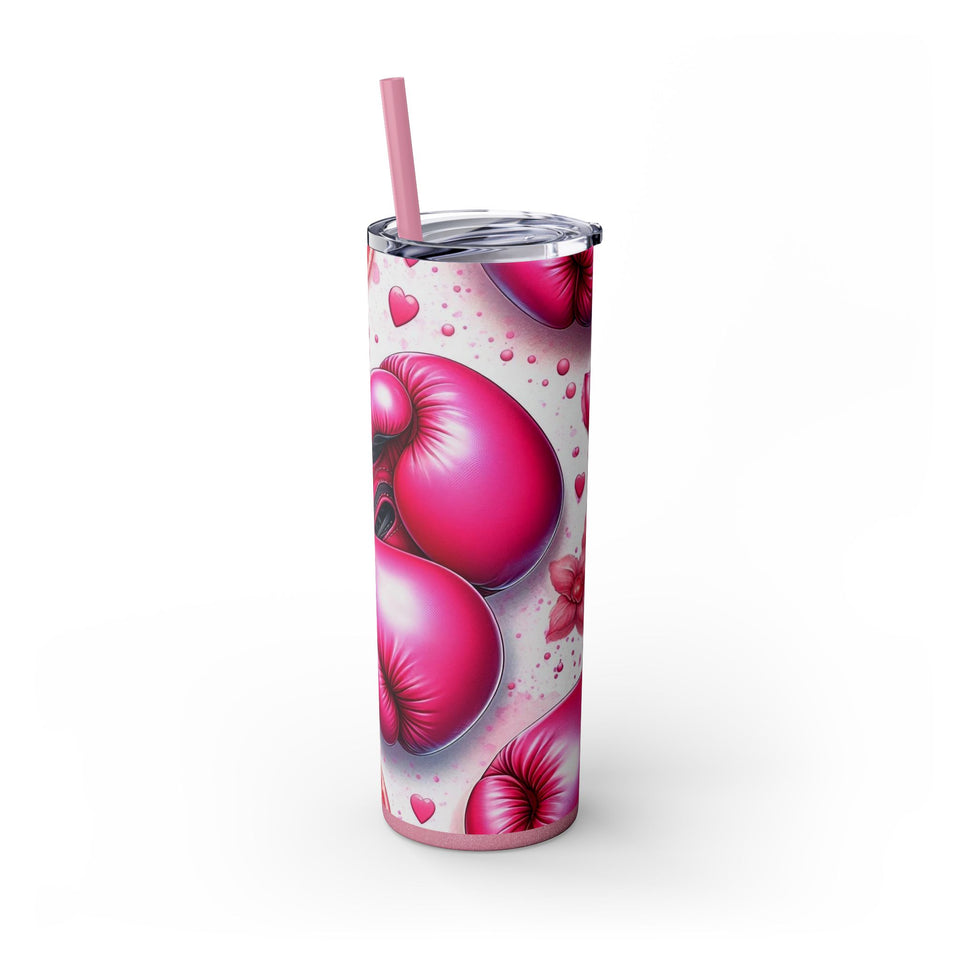 Motivational Pink Boxing Skinny Tumbler with Straw - 20oz, Breast Cancer Awareness