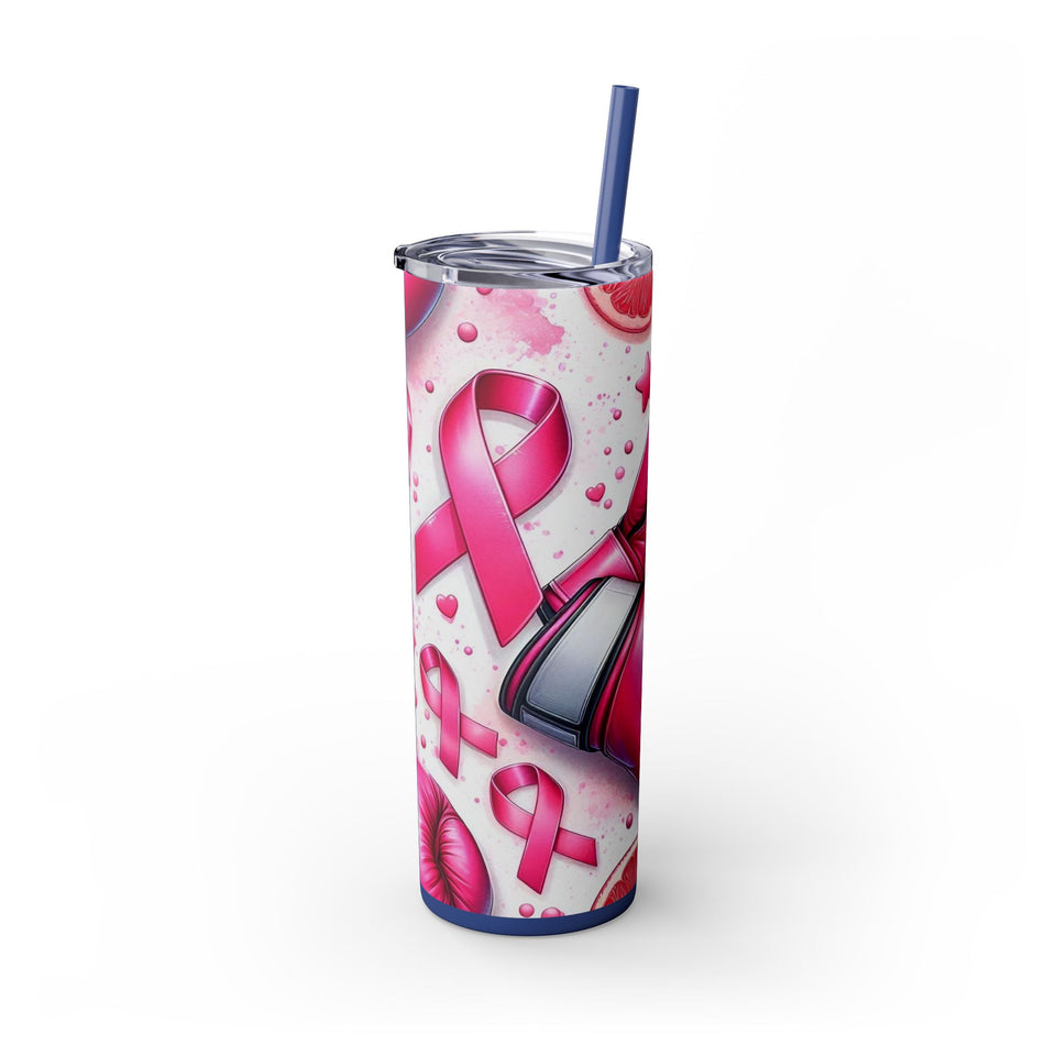 Motivational Pink Boxing Skinny Tumbler with Straw - 20oz, Breast Cancer Awareness