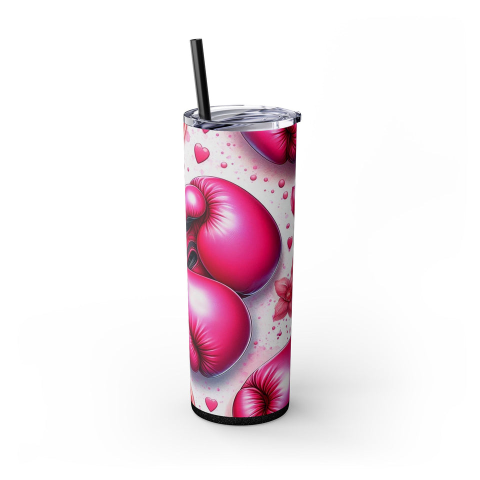 Motivational Pink Boxing Skinny Tumbler with Straw - 20oz, Breast Cancer Awareness