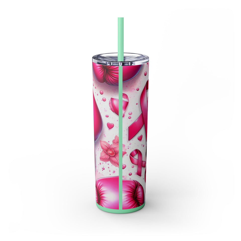 Motivational Pink Boxing Skinny Tumbler with Straw - 20oz, Breast Cancer Awareness