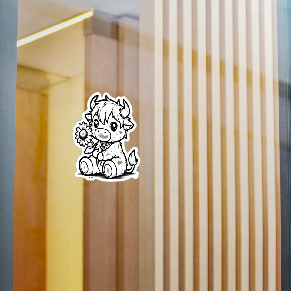 Cute Highland Cow With Flower Kiss-Cut Vinyl Decals