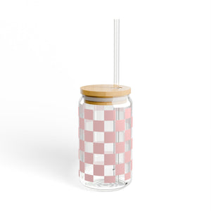 Pink Checkered Sipper Glass, 16oz