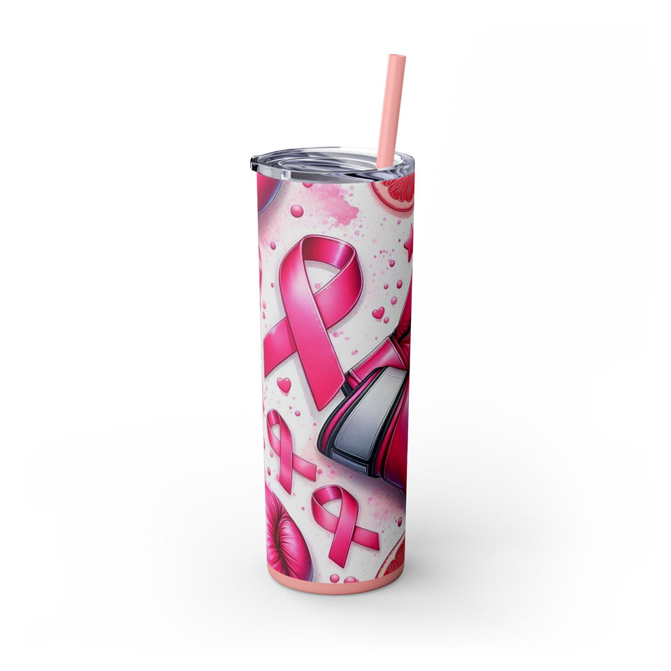 Motivational Pink Boxing Skinny Tumbler with Straw - 20oz, Breast Cancer Awareness
