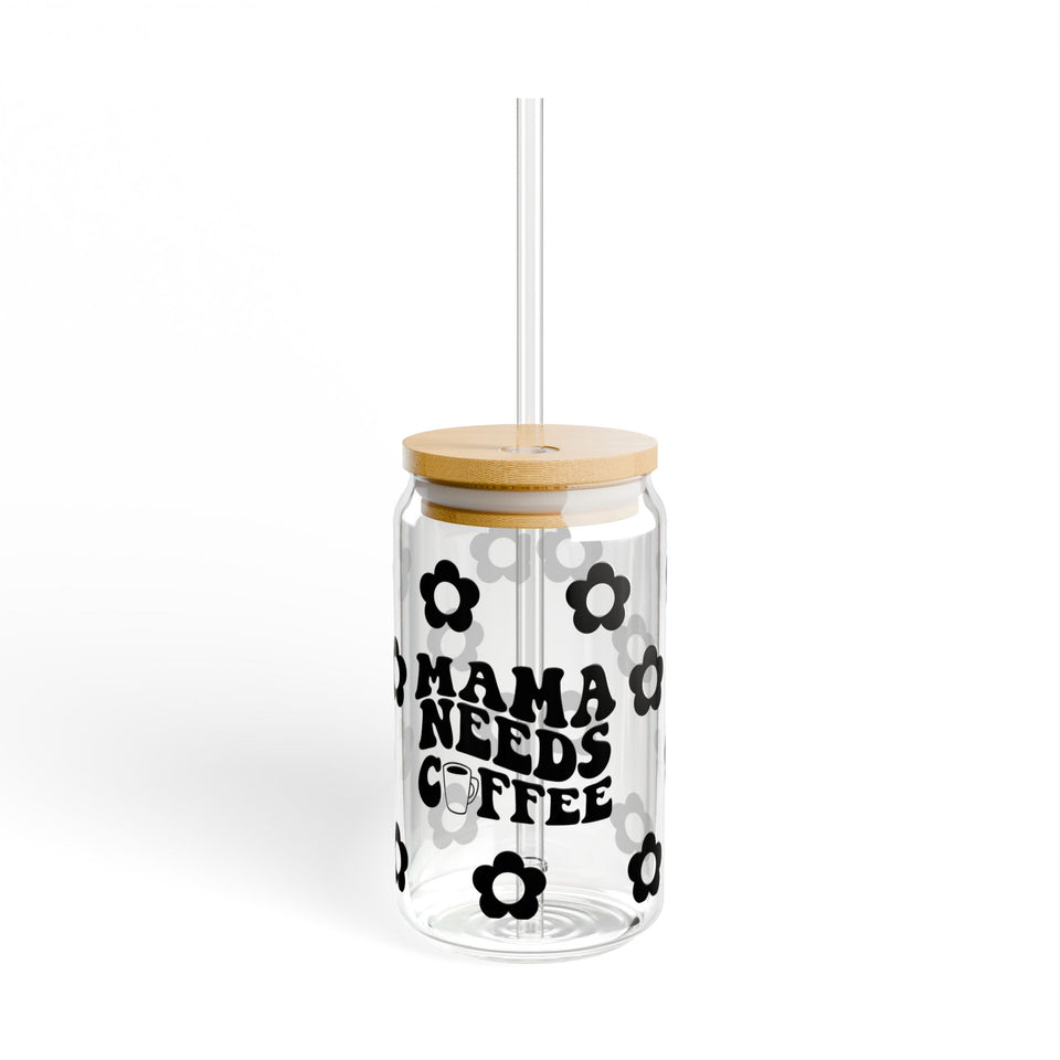 Mama Needs Coffee With Flowers Sipper Glass, 16oz