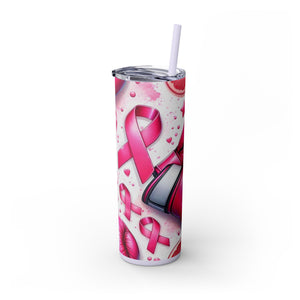 Motivational Pink Boxing Skinny Tumbler with Straw - 20oz, Breast Cancer Awareness
