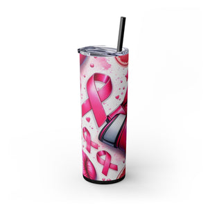 Motivational Pink Boxing Skinny Tumbler with Straw - 20oz, Breast Cancer Awareness